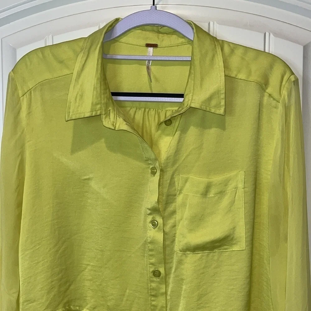 Free People tennis ball yellow semi sheer oversized lightweight Button Down M